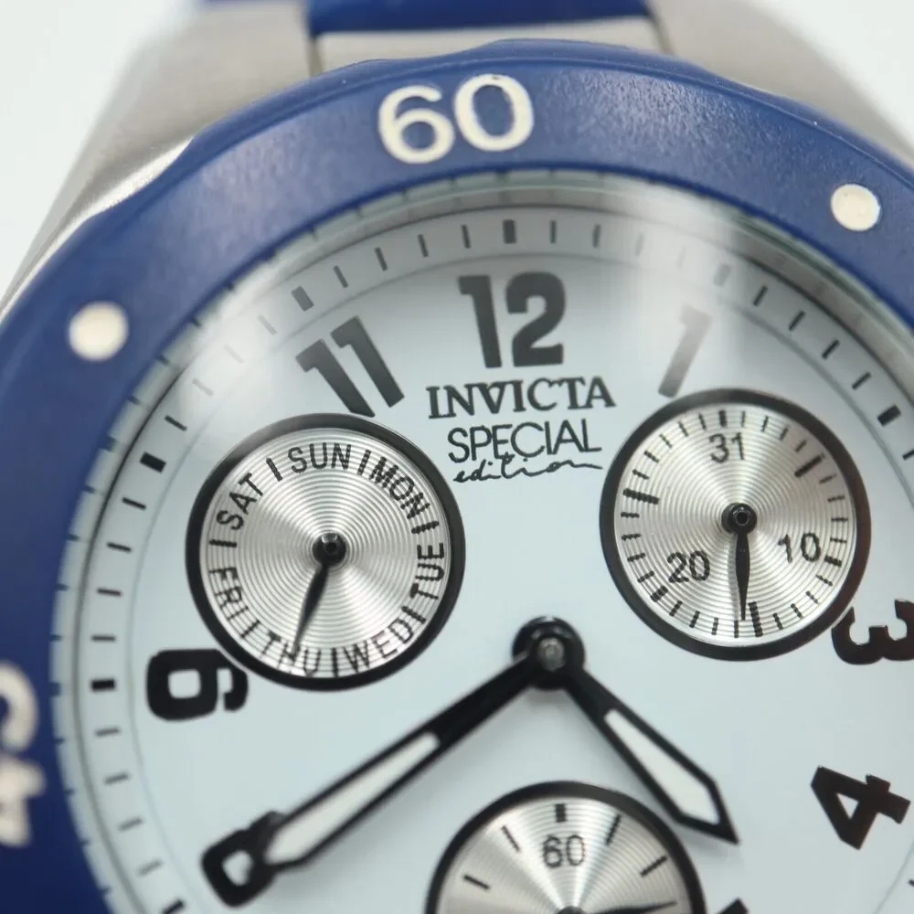 Invicta Mens Multifunction Watch 38mm White Dial Blue Bezel Silicone Strap